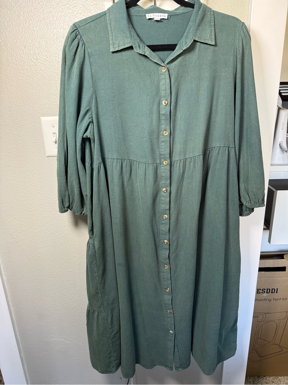 Baltic Born Green Tiered Button Front Midi Shirt Dress Size L